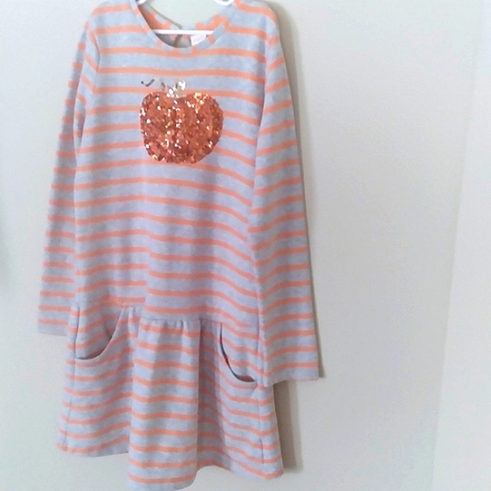 Gymboree Striped Fall  Thanksgiving Day Dress Orange Gray Sequin Pumpkin